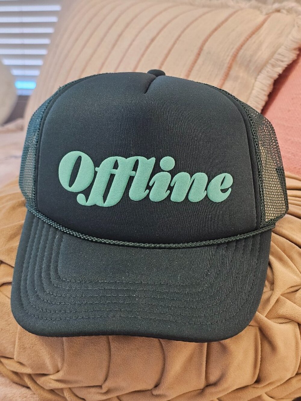 Offline by Aerie Green Trucker Hat Cap Retro Script Logo Snapback Mesh